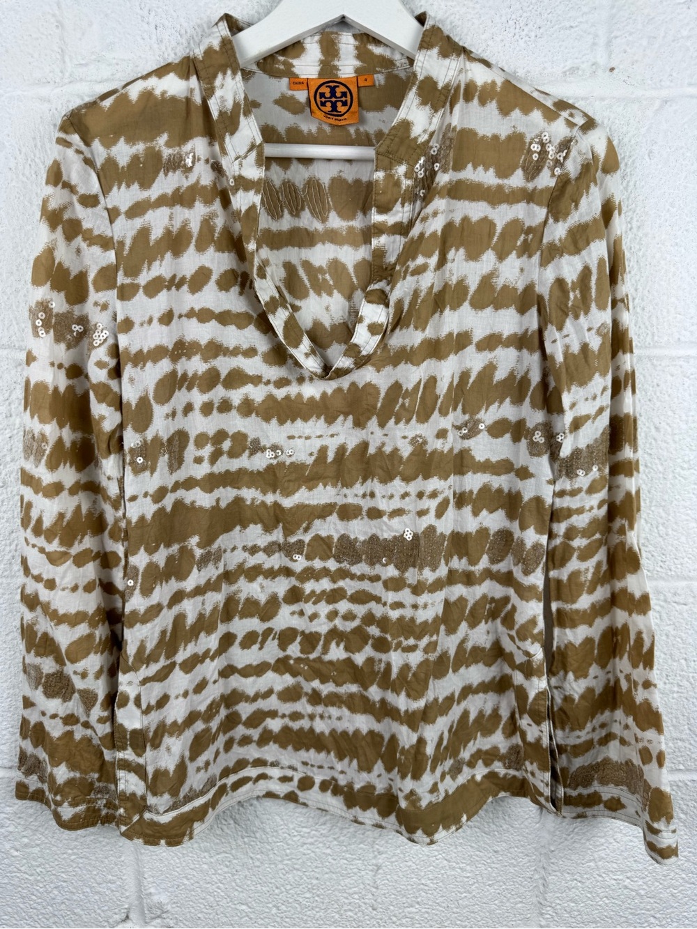 Tory Burch Sequin Embellished Ikat Print Cotton Tunic Blouse Size 4 Neutral Boho